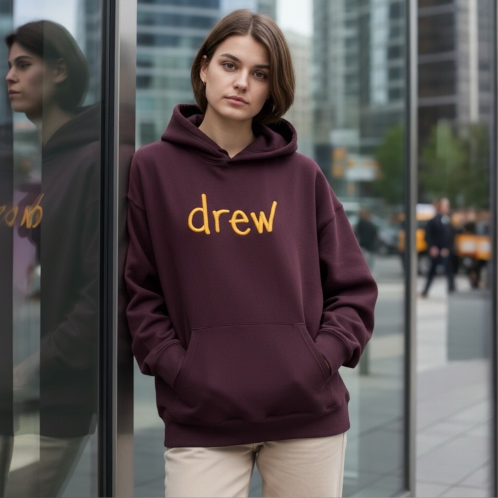 DREW HOUSE JUSTIN BIEBER BURGUNDY YELLOW EMBROIDERED LOGO HOODIE TOP XS